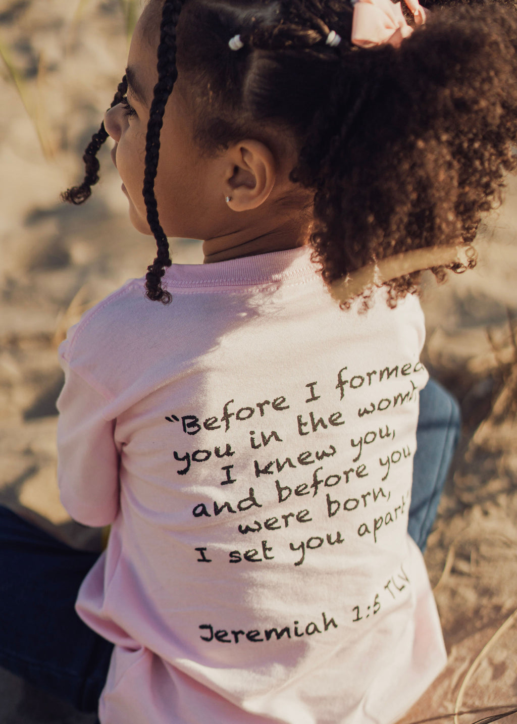 toddler girl wearing soft pink Jeremiah 1:5 Christian shirt