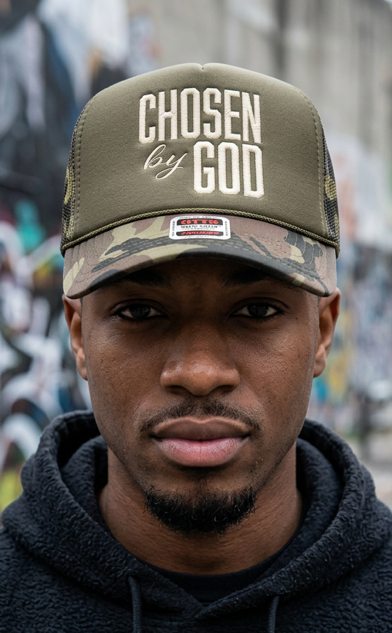 Man wearing a cap with 'Chosen by God' text in an urban setting