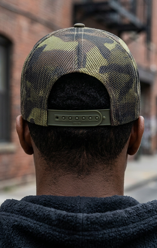 Chosen By God camo trucker hat featuring Christian streetwear design inspired by 1 Peter 2:9 with adjustable snapback and mesh backing.