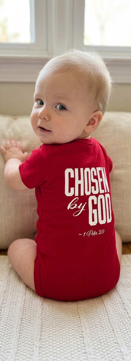 A baby sitting on a cream couch wearing a red onesie with the text "CHOSEN by GOD" ~1 Peter 2:9 printed on the back.