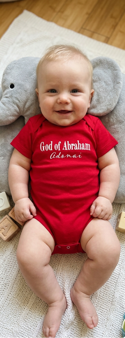 A baby wearing a red short-sleeve bodysuit with the text "God of Abraham Adonai" sitting on a cream knit blanket next to a gray elephant plush toy.