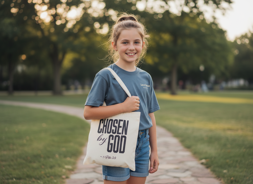 Chosen by God Christian tote bag with 1 Peter 2:9 scripture