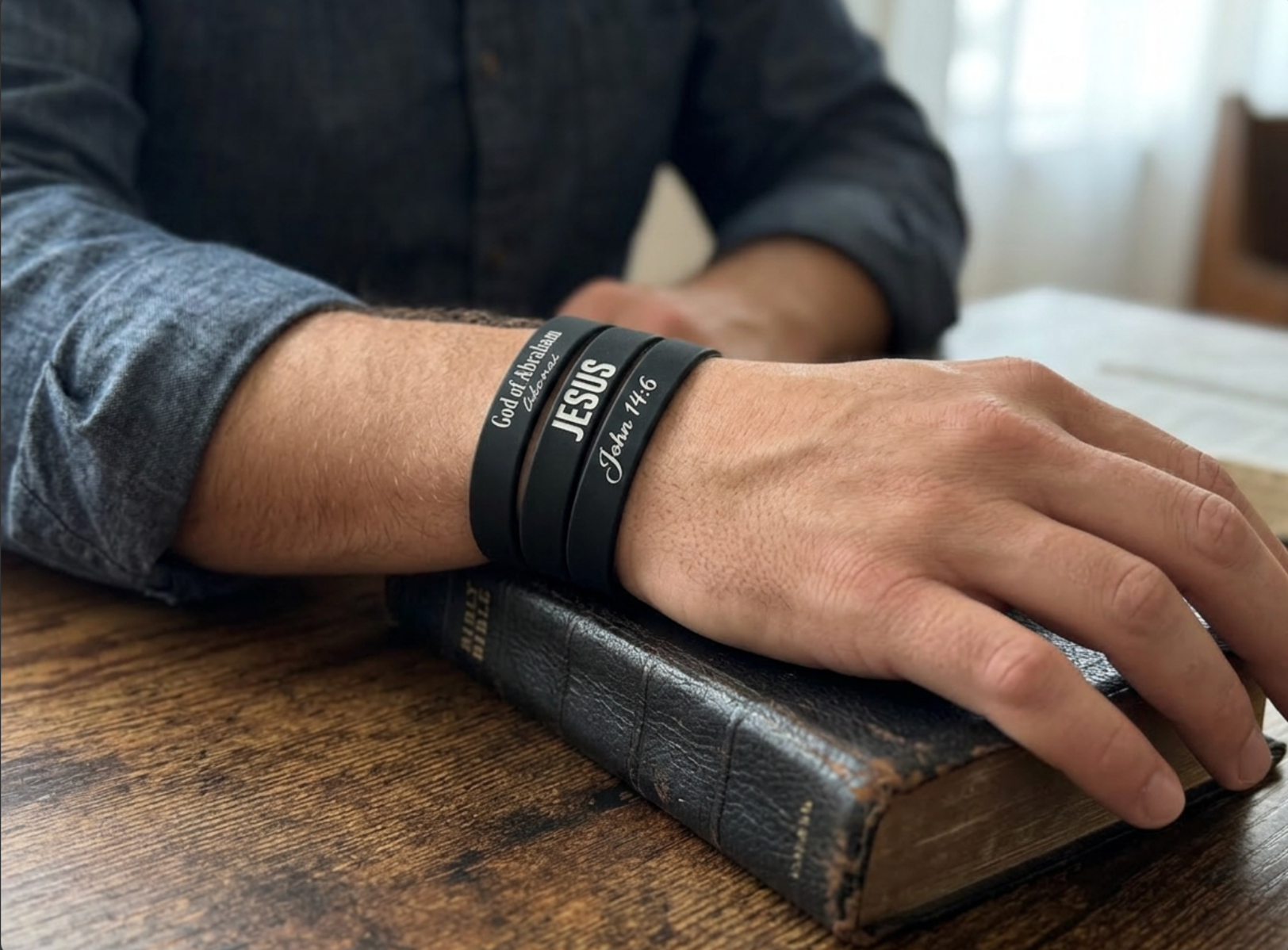 Person wearing a black wristband with 'Jesus' on it, resting on a book.