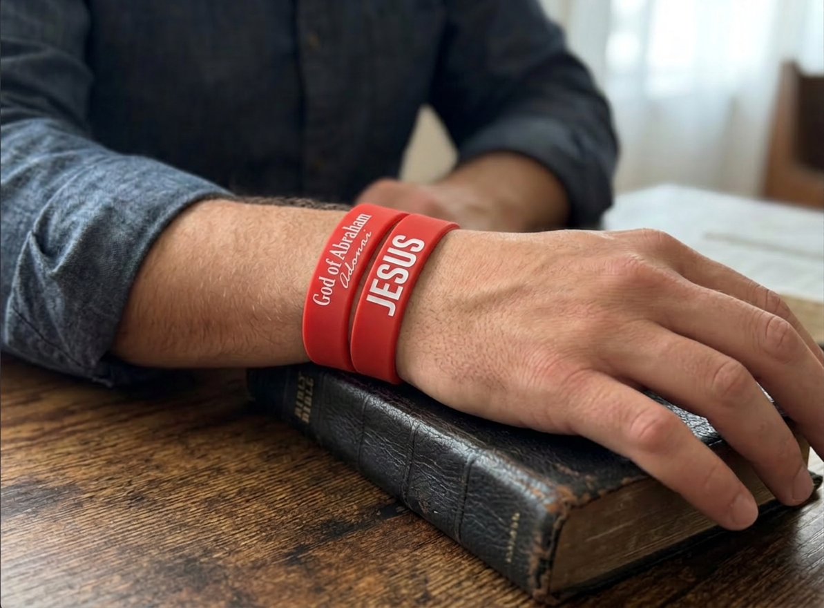 Engraved Christian red bracelet double sided God of Abraham Adonai Jesus text 