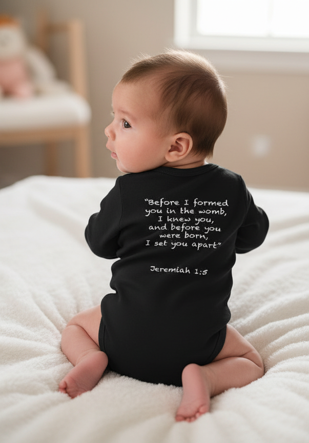 Christian baby shower gift Jeremiah 1:5 outfit lifestyle image