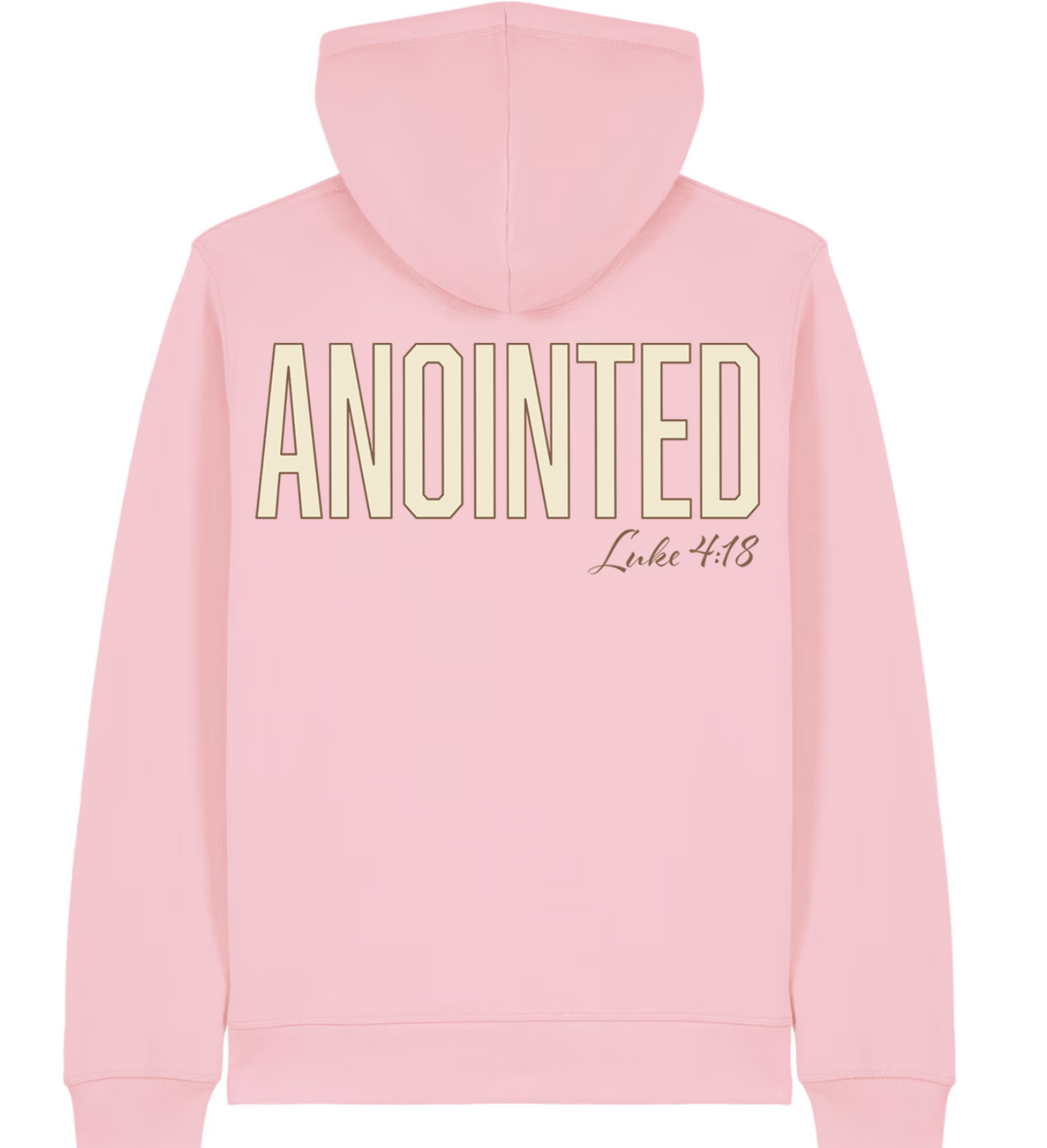 Back view of the pink Anointed Christian zipper hoodie inspired by Luke 4:18.