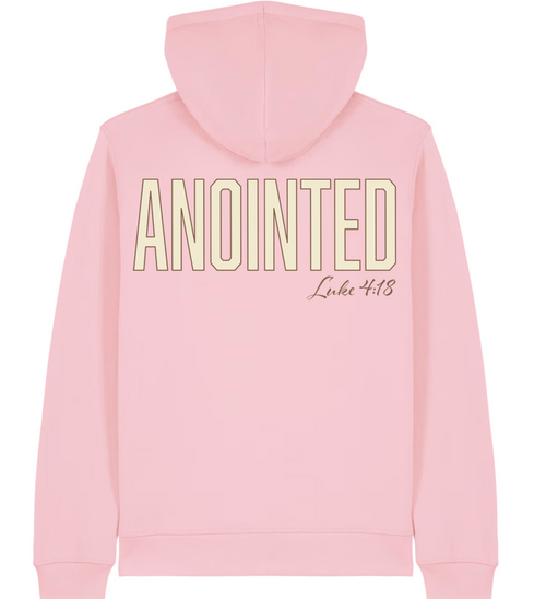 Back view of the pink Anointed Christian zipper hoodie inspired by Luke 4:18.