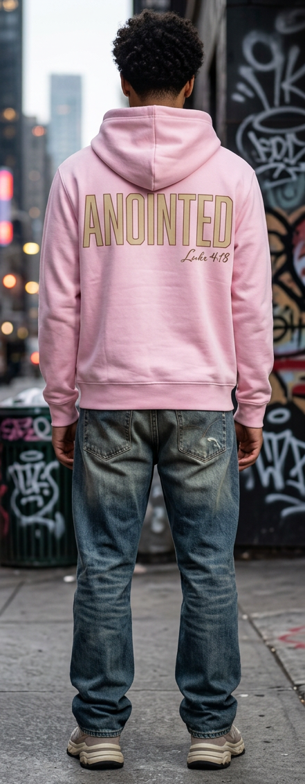 Back view of the pink Anointed Christian zipper hoodie inspired by Luke 4:18.