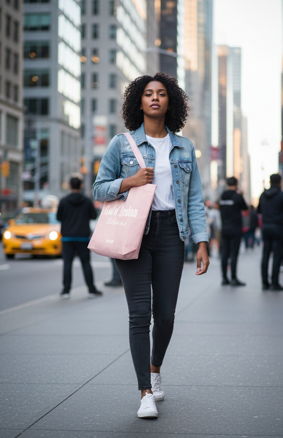 Woman walking on a city street holding a pink tote bag.