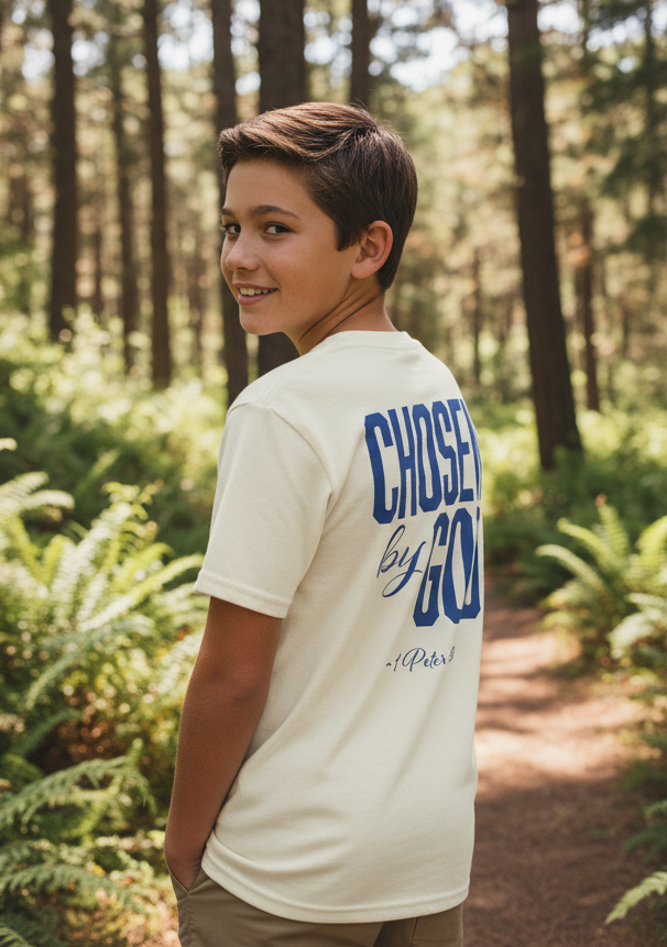 Child wearing a 'Chosen by God' t-shirt in a forest setting